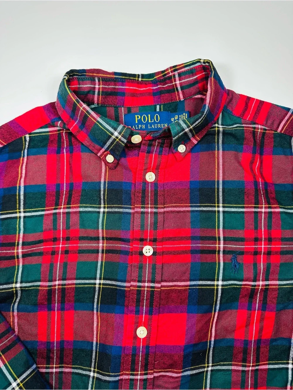 POLO RALPH LAUREN PLAID BUTTON DOWN SHIRT YOUTH LG 14-16 RED GREEN TARTAN PREPPY
